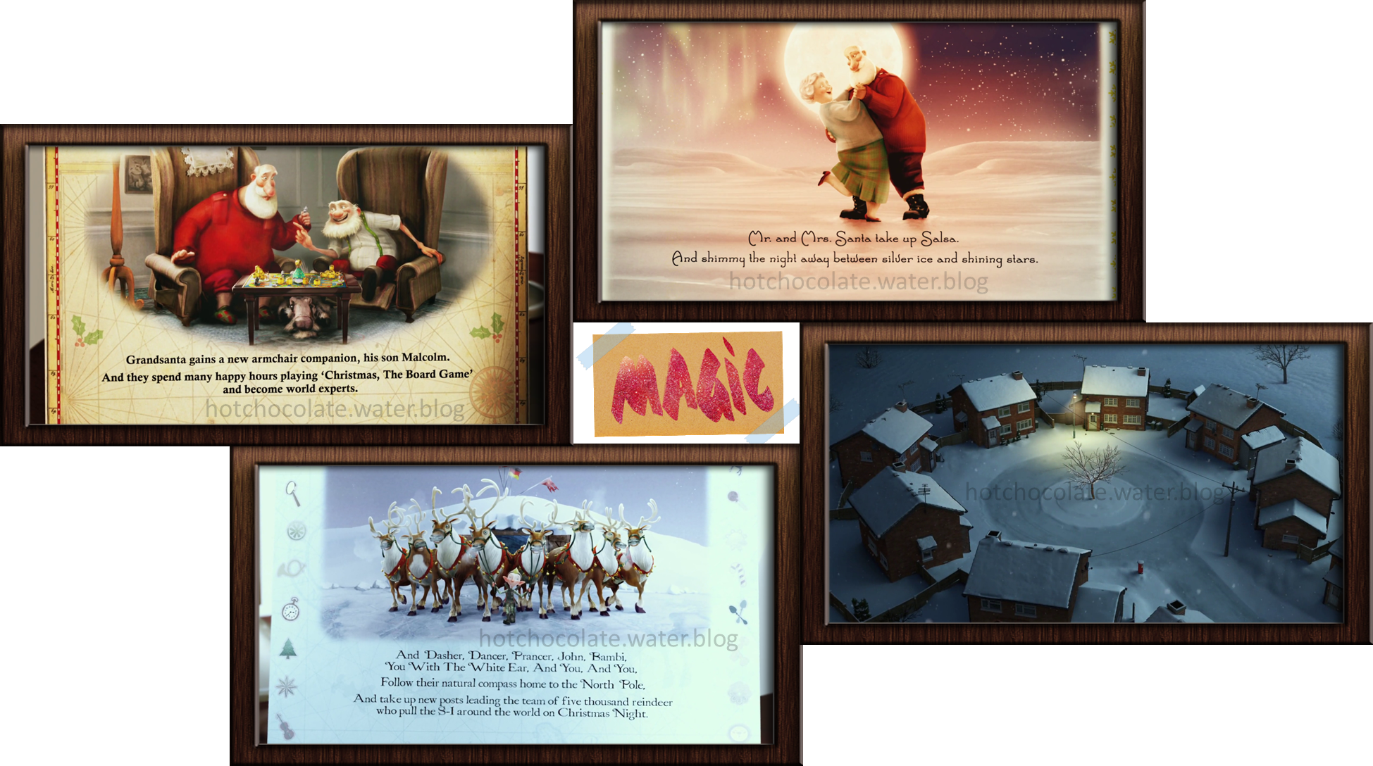 5 stills from the film, Arthur Christmas, are shown as framed photos, and one of them is in the middle of the other 4 as a sticker.