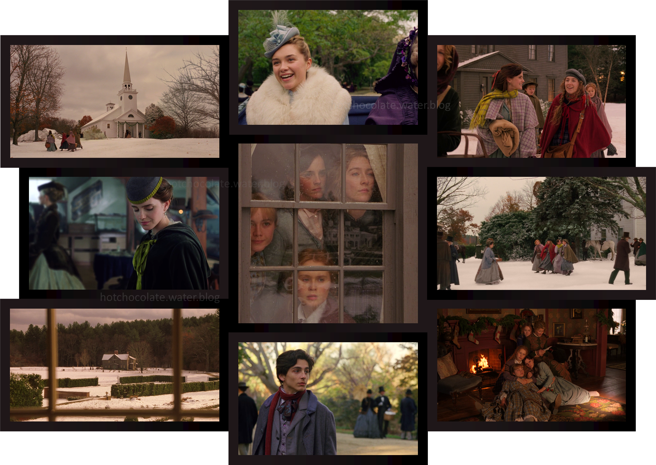 9 stills from the film, Little Woman.
In the frames are,
Saoirse Ronan,
Florence Pugh,
Emma Watson,
Eliza Scanlen,
Timothée Chalamet and
Laura Dern